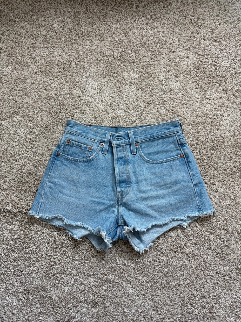 Levi's 501 Light Blue High-Rise Frayed Denim Shorts